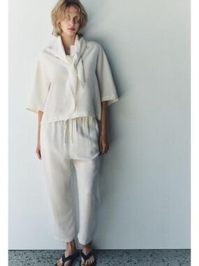 Zara ZW Collection Pyjama-Style Trousers in Ecru NWT
